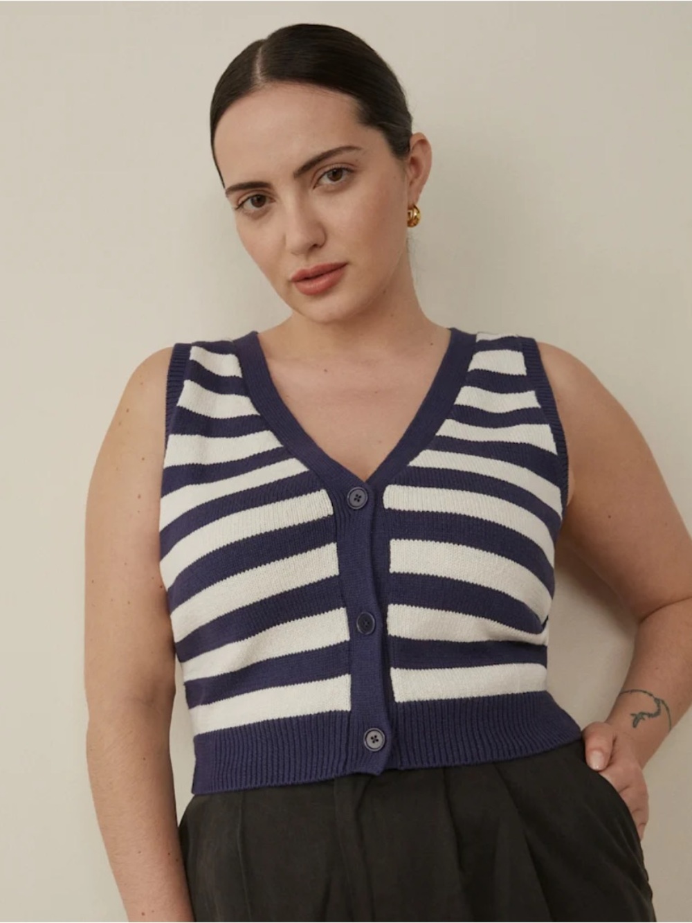 Reformation Navy and White Striped Knit Button Front Sweater Vest